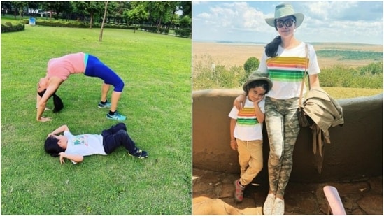 Gul Panag performing yoga with son Nihal is the cutest fitness inspo ever(Instagram/@gulpanag)