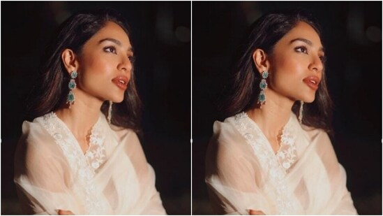 In statement white earrings with emerald studded stones, and rings from the shelves of Kishandas &amp; Co, Sobhita perfectly accessorised her look for the day.(Instagram/@sobhitad)