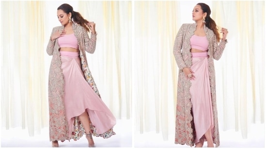 The previous Instagram post of Sonakshi Sinha in a pink skirt ensemble has us all wowed. In the photos, the Dabangg actress can be seen donning a pastel pink skirt which she paired with an embellished jacket. (Instagram/@aslisona)