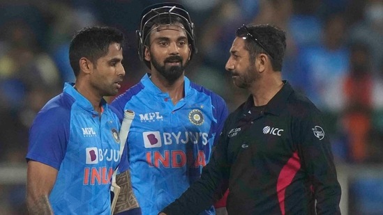 India's Suryakumar Yadav,third left, and KL Rahul greet the umpire(AP)