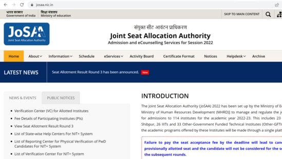 JoSAA Counselling 2022 round 3 seat allotment result out
