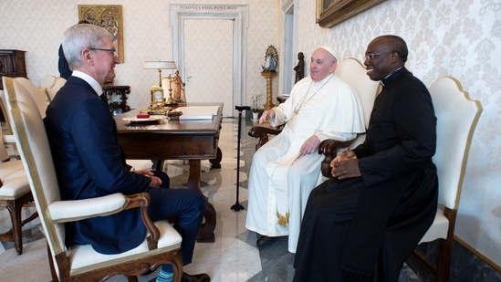 Pope Francis meets with Apple chief Tim Cook during a private audience at the Vatican.