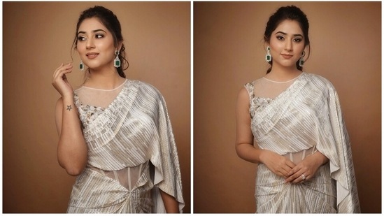 Disha Parmar poses in an embellished saree gown for a photoshoot.&nbsp;(Instagram)