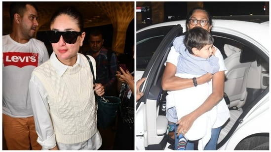 Kareena Kapoor and son Jehangir Ali Khan were spotted at the Mumbai airport late Sunday night as the actor left for London for the shooting of her next, to be directed by Hansal Mehta and produced by Ekta Kapoor. (Varinder Chawla)