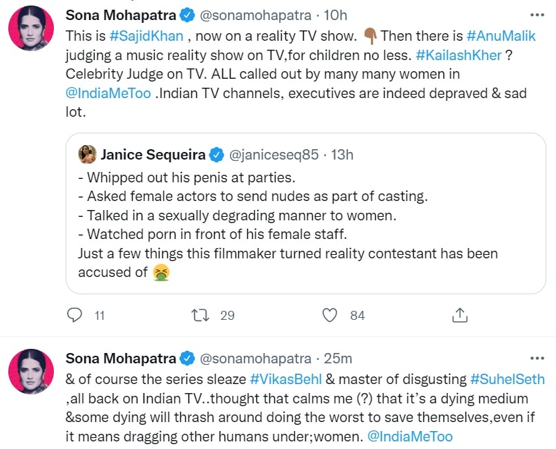 Sona Mohapatra tweeted against celebrities accused of sexual assault.&nbsp;