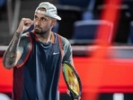 Nick Kyrgios of Australia reacts after a point against Tseng Chun-hsin of Taiwan during their men's singles match at the Japan Open.(AFP) Nick Kyrgios of Australia reacts after a point against Tseng Chun-hsin of Taiwan during their men's singles match at the Japan Open.(AFP)