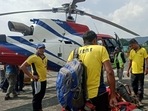SDRF teams leave from Sahastradhara helipad in Dehradun to rescue the trainees trapped in an avalanche in Draupadi's Danda-2 mountain peak.