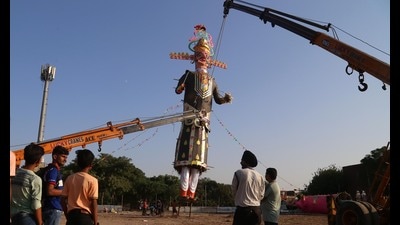 The 90 feet tall Ravana, the tallest one in Chandigarh this year, being set up in Sector 46 on Monday. (Sanjeev Sharma/HT) The 90 feet tall Ravana, the tallest one in Chandigarh this year, being set up in Sector 46 on Monday. (Sanjeev Sharma/HT)