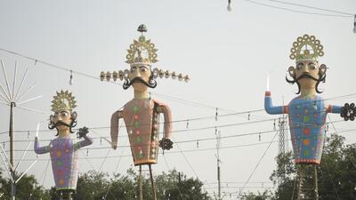 Ghaziabad, India - October 04, 2022: The effigies of Ravana, Kumbhakaran Meghnath have been erected at the Ghantaghar Ramlila Maidan in Ghaziabad, India on Tuesday, October 04, 2022. (Photo by Sakib Ali /Hindustan Times) Ghaziabad, India - October 04, 2022: The effigies of Ravana, Kumbhakaran Meghnath have been erected at the Ghantaghar Ramlila Maidan in Ghaziabad, India on Tuesday, October 04, 2022. (Photo by Sakib Ali /Hindustan Times)