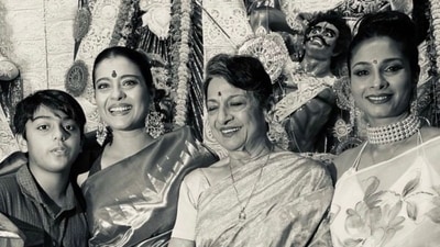 Kajol poses with son Yug, mother Tanuja and sister Tanisha Mukerji during Durga Puja celebrations. Kajol poses with son Yug, mother Tanuja and sister Tanisha Mukerji during Durga Puja celebrations. 