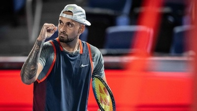 Nick Kyrgios of Australia reacts after a point against Tseng Chun-hsin of Taiwan during their men's singles match at the Japan Open. (AFP) Nick Kyrgios of Australia reacts after a point against Tseng Chun-hsin of Taiwan during their men's singles match at the Japan Open. (AFP)