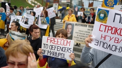 Relatives of Ukrainian prisoners of war (POWs) attend a rally demanding to speed up their release from a Russian captivity, amid Russia's attack on Ukraine, at the Independence Square in Kyiv, Ukraine October 1, 2022.&nbsp; (REUTERS)