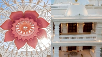 A main prayer hall, where most of the deities are installed, has a large 3D-printed pink lotus unfurling across the central dome. (hindutempledubai.com) A main prayer hall, where most of the deities are installed, has a large 3D-printed pink lotus unfurling across the central dome. (hindutempledubai.com)