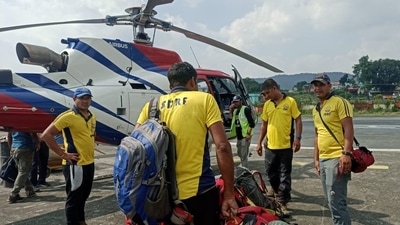 SDRF teams leave from Sahastradhara helipad in Dehradun to rescue the trainees trapped in an avalanche in Draupadi's Danda-2 mountain peak. (ANI)