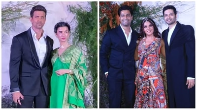 Hrithik Roshan, Saba Azad, and Vicky Kaushal at Richa Chadha and Ali Fazal's wedding reception. Hrithik Roshan, Saba Azad, and Vicky Kaushal at Richa Chadha and Ali Fazal's wedding reception.