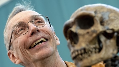 Swedish scientist Svante Paabo stands by a replica of a Neanderthal skeleton at the Max Planck Institute for Evolutionary Anthropology in Leipzig, Germany, Monday. (AP) Swedish scientist Svante Paabo stands by a replica of a Neanderthal skeleton at the Max Planck Institute for Evolutionary Anthropology in Leipzig, Germany, Monday. (AP)
