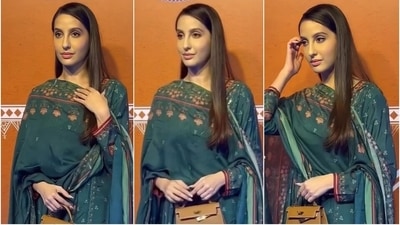 Nora Fatehi poses for the paparazzi at Maja Ma screening. (Instagram) Nora Fatehi poses for the paparazzi at Maja Ma screening. (Instagram)