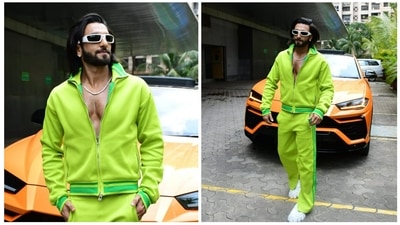 Ranveer Singh once again was spotted with his Lamborghini Urus on Tuesday. He was attending the launch of a song titled O Pari in a lemon green track suit. On Saturday as well, Ranveer had arrived at the Meta Creator Day event in the luxury car. (Varinder Chawla) Ranveer Singh once again was spotted with his Lamborghini Urus on Tuesday. He was attending the launch of a song titled O Pari in a lemon green track suit. On Saturday as well, Ranveer had arrived at the Meta Creator Day event in the luxury car. (Varinder Chawla)