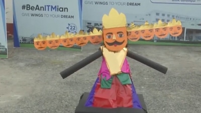 One of the students can be seen setting the few feet tall ‘Ravana’ effigy on fire within seconds at the click of a button. (ANI)