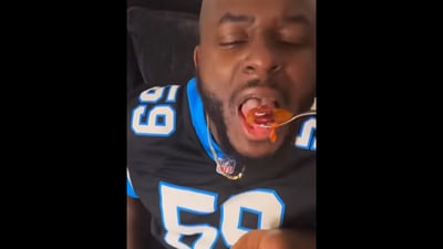 The woman feeds her husband food with extra salt to prank him. (Instagram/@onlythecrodwers) The woman feeds her husband food with extra salt to prank him. (Instagram/@onlythecrodwers)