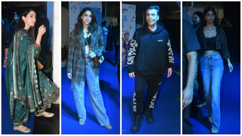 Nargis Fakhri, Sharvari Wagh, Karan Johar and Suhana Khan at Maja Ma screening on Monday. (Varinder Chawla) Nargis Fakhri, Sharvari Wagh, Karan Johar and Suhana Khan at Maja Ma screening on Monday. (Varinder Chawla)