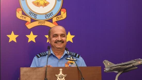 Air Chief Marshal VR Chaudhari at a Press conference ahead of the 90th Air Force Day celebrations on October 8. (HT Photo/Sanchit Khanna)