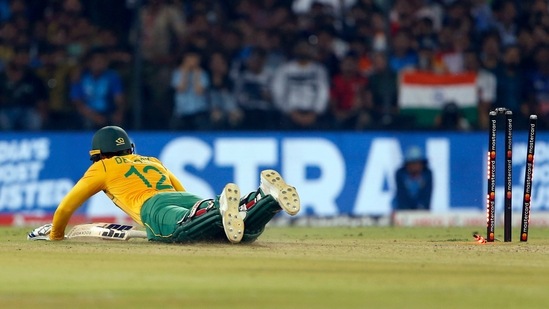 Quinton de Kock gets run-out during the 3rd T20I match between India and South Africa at Holkar Cricket Stadium, in Indore on Tuesday. (ANI)