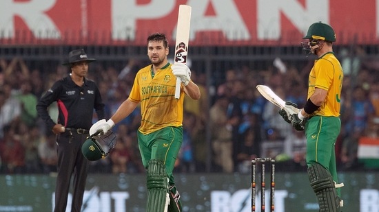 Rilee Rossouw celebrates his century during the 3rd T20I match between India and South Africa, at Holkar Cricket Stadium, in Indore.(ICC Twitter)
