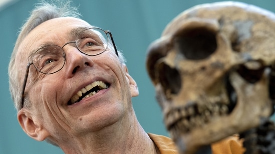 Nobel prize winner Svante Paabo: Swedish scientist Svante Paabo stands by a replica of a Neanderthal skeleton at the Max Planck Institute for Evolutionary Anthropology in Leipzig, Germany.(AP)