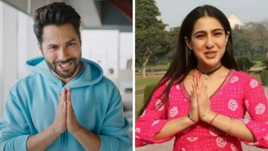 Varun Dhawan copies Sara Ali Khan's signature style while announcing her new film.&nbsp;