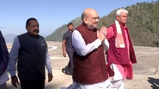 Union home minister Amit Shah offered his prayers at the Vaishno Devi shrine in Katra, Jammu and Kashmir, on Tuesday. Union home minister Amit Shah offered his prayers at the Vaishno Devi shrine in Katra, Jammu and Kashmir, on Tuesday.