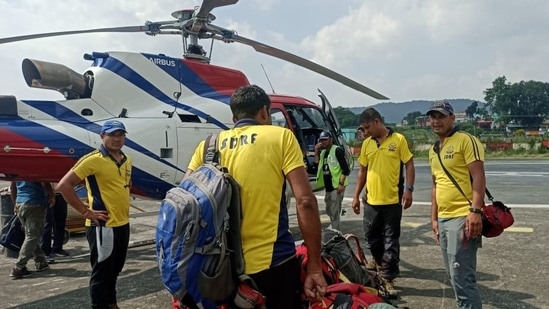 SDRF teams leave from Sahastradhara helipad in Dehradun to rescue the trainees trapped in an avalanche in Draupadi's Danda-2 mountain peak.(ANI)