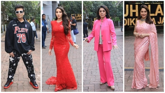 Jhalak Dikhhla Jaa judges Karan Johar, Nargis Fakhri and Madhuri Dixit were joined by Neetu Kapoor for the shooting of an episode of the celebrity dance reality show on Tuesday. Few contestants like Nia Sharma and Niti Taylor were also spotted in costume. (Varinder Chawla) 