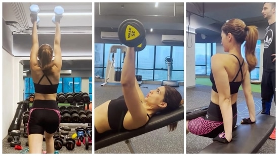 Kriti Sanon's gym looks will definitely take away your workout blues. The actress is giving gym fashion goals with her stylish workout bra and black and pink cycle shorts.&nbsp;(Instagram/@kritisanon)