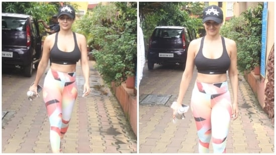 Anyone who follows Malaika Arora knows that fitness is a major part of her life. And apart from inspiring her followers to get off their couches, the actress never fails to serve note-worthy gym looks. Her basic black sports bra with colourful body-tight leggings is the perfect outfit to hit the gym.&nbsp;(HT Photo/Varinder Chawla)