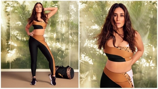 The ideal source of inspiration for gym attire is Kareena. The actress is the queen of the gym look. Her workout outfit included a sleeveless sports bra with a deep U neckline, a cut hem that exposed her midriff, and a snug fit. Along with an animal pattern, it contains black, brown, and white stripes. She paired it with matching-print bodycon tights with a high waist. She makes the ideal exercise inspiration.&nbsp;(Instagram/@kareenakapoorkhan)