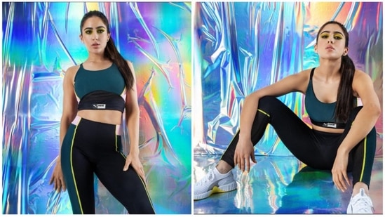 The B-Town diva Sara Ali Khan has rocked some really inspiring workout outfits.&nbsp;You should definitely check out Sara's gym attire if you need some fitness inspiration. Her body-fitting track pants and deep green sports bra are the ideal activewear, wonderfully showcasing her curves.(Instagram/@saraalikhan)