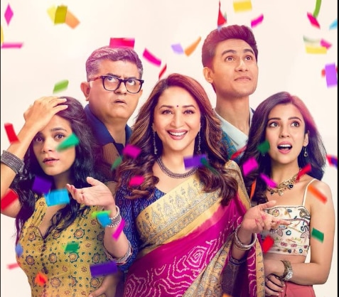 Madhuri Dixit with Gajraj Rao, Ritwik Bhowmik, Barkha Singh, and Srishti Shrivastava in the official poster of Maja Ma.