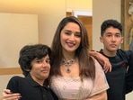 Madhuri Dixit with her sons Arin and Ryan. Madhuri Dixit with her sons Arin and Ryan.