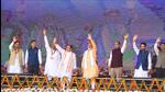 Prime Minister Narendra Modi along with chief minister Jai Ram Thakur, Union minister Anurag Thakur, BJP state chief Suresh Kashyap, governor Rajendra Vishwanath Arlekar, BJP national president JP Nadda and other leaders at the rally at Luhnu Ground in Bilaspur on Wednesday. (Deepak Sansta/HT) Prime Minister Narendra Modi along with chief minister Jai Ram Thakur, Union minister Anurag Thakur, BJP state chief Suresh Kashyap, governor Rajendra Vishwanath Arlekar, BJP national president JP Nadda and other leaders at the rally at Luhnu Ground in Bilaspur on Wednesday. (Deepak Sansta/HT)