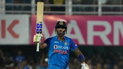 Suryakumar Yadav celebrates scoring fifty runs during the second T20 cricket match between India and South Africa (AP) Suryakumar Yadav celebrates scoring fifty runs during the second T20 cricket match between India and South Africa (AP)