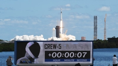 SpaceX Falcon 9 rocket with the Dragon capsule launches from Pad-39A on the Crew 5 mission carrying crew members. (Reuters)