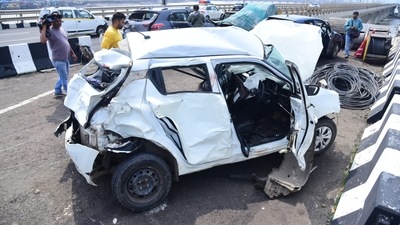 A car being driven at a high speed came and crashed into the ambulance and three more vehicles as well as the car that was involved in the previous crash. (Vijay Bate)