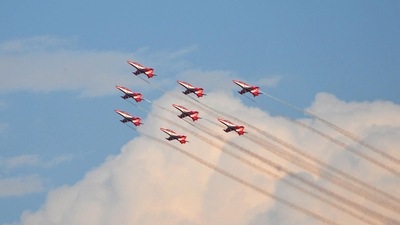 Aircraft rehearse for the air show at the Sukhna Lake in Chandigarh on Tuesday. The Indian Air Force (IAF) will put up a dazzling show with around 80 aircraft in Chandigarh on October 8 to celebrate its 90th anniversary. (Ravi Kumar/ HT) Aircraft rehearse for the air show at the Sukhna Lake in Chandigarh on Tuesday. The Indian Air Force (IAF) will put up a dazzling show with around 80 aircraft in Chandigarh on October 8 to celebrate its 90th anniversary. (Ravi Kumar/ HT)