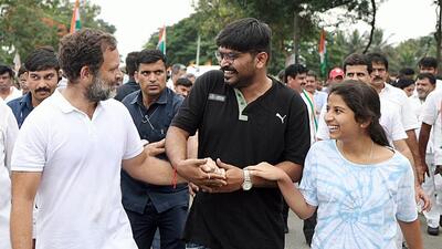 Congress leader Rahul Gandhi interacts with supporters during his party's Bharat Jodo Yatra, in Mysuru on Monday. (ANI) Congress leader Rahul Gandhi interacts with supporters during his party's Bharat Jodo Yatra, in Mysuru on Monday. (ANI)