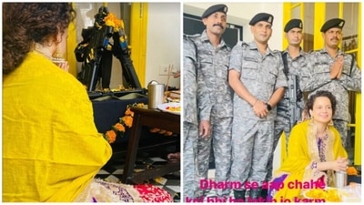 Kangana Ranaut has shared photos from Vijay Dashmi puja on Instagram. Kangana Ranaut has shared photos from Vijay Dashmi puja on Instagram.