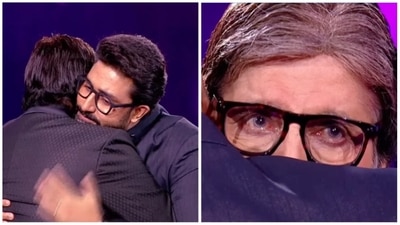 Amitabh Bachchan with Abhishek Bachchan on KBC 14.