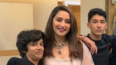 Madhuri Dixit with her sons Arin and Ryan. Madhuri Dixit with her sons Arin and Ryan.