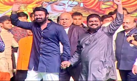 Om Raut and Prabhas at the Luv Kush Ramlila in Delhi on Dussehra. Om Raut and Prabhas at the Luv Kush Ramlila in Delhi on Dussehra.
