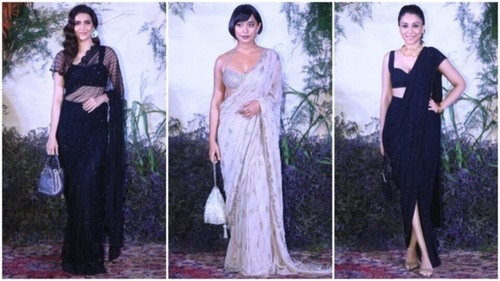 Karishma Tanna, Sayani Gupta and Amrita Puri at Richa and Ali Fazal-reception party. (HT Photo/Varinder Chawla) Karishma Tanna, Sayani Gupta and Amrita Puri at Richa and Ali Fazal-reception party. (HT Photo/Varinder Chawla)